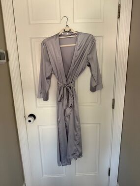 Light Gray Satin Women's Robe with Tie Belt by